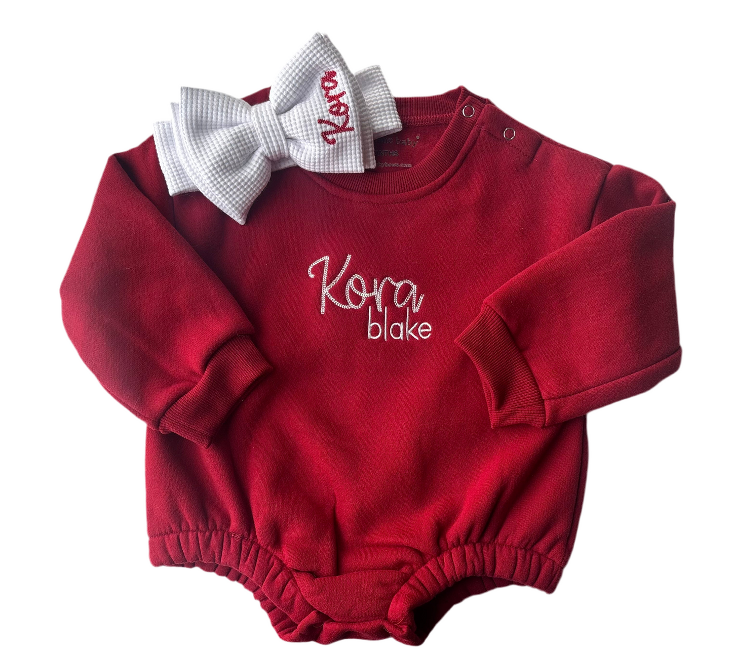 Red Christmas Sweatshirt Bubble Romper & Organic Cotton Bow Set