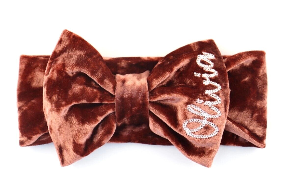 Fall Bow Headband Gift Set personalized with Baby girl name. Custom baby gift with stretchy headband monogrammed bows for baby