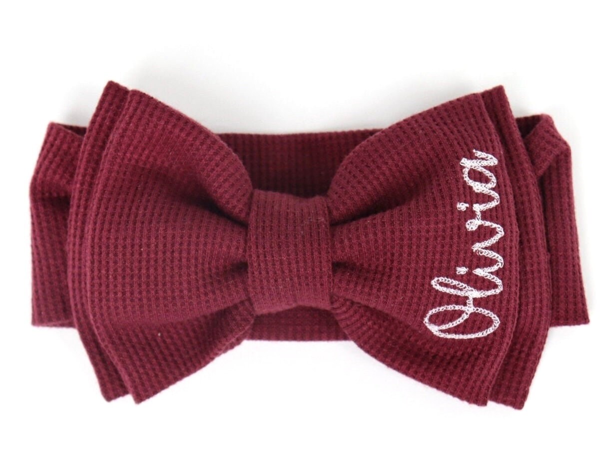 Personalized Bow Headband for Newborn, infant or toddler with Baby girl name for gifts and fall. Custom Stretchy monogrammed bow in Burgandy