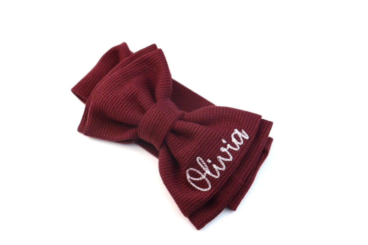 Personalized Bow Headband for Newborn, infant or toddler with Baby girl name for gifts and fall. Custom Stretchy monogrammed bow in Burgandy