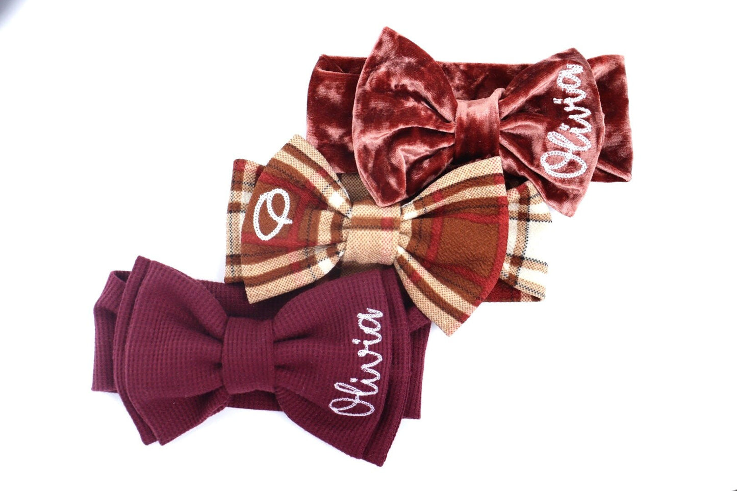 Personalized Bow Headband for Newborn, infant or toddler with Baby girl name for gifts and fall. Custom Stretchy monogrammed bow in Burgandy