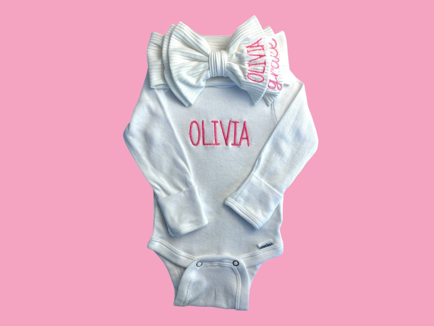 Personalized Bow Headband and onesie Gift Set with Baby girl name. Custom baby gift with stretchy headband monogrammed bows for baby gift