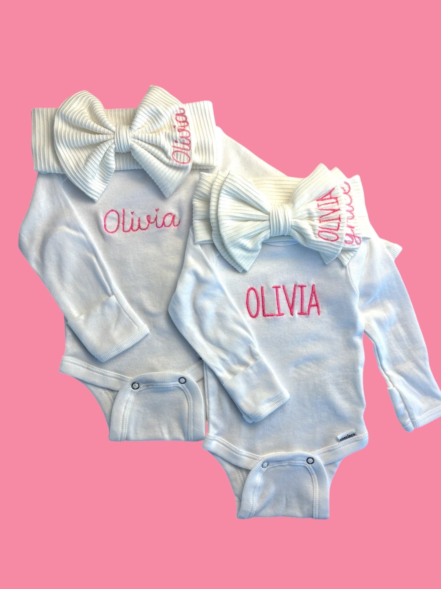 Personalized Bow Headband and onesie Gift Set with Baby girl name. Custom baby gift with stretchy headband monogrammed bows for baby gift