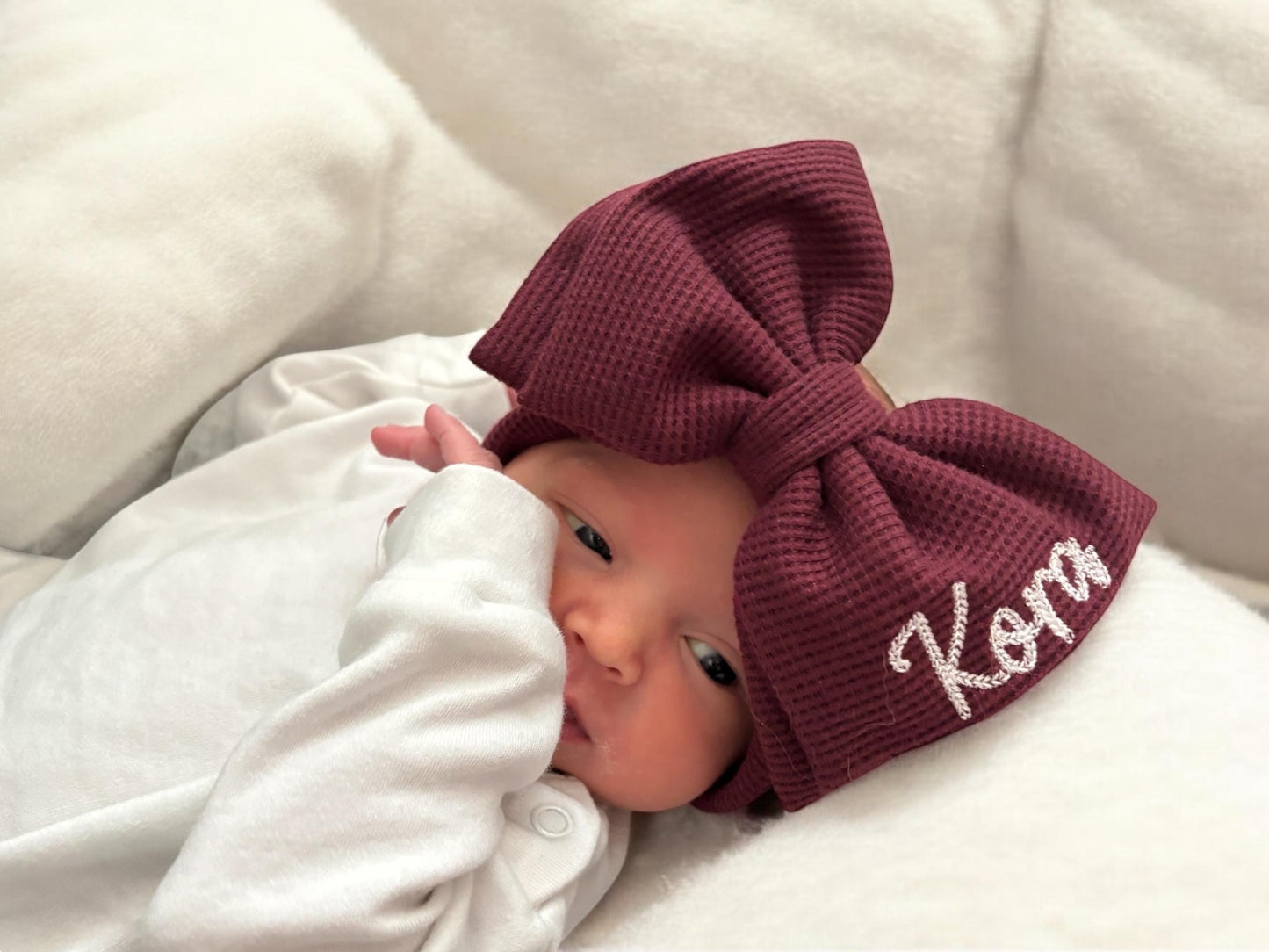 Personalized Bow Headband for Newborn, infant or toddler with Baby girl name for gifts and fall. Custom Stretchy monogrammed bow in Burgandy