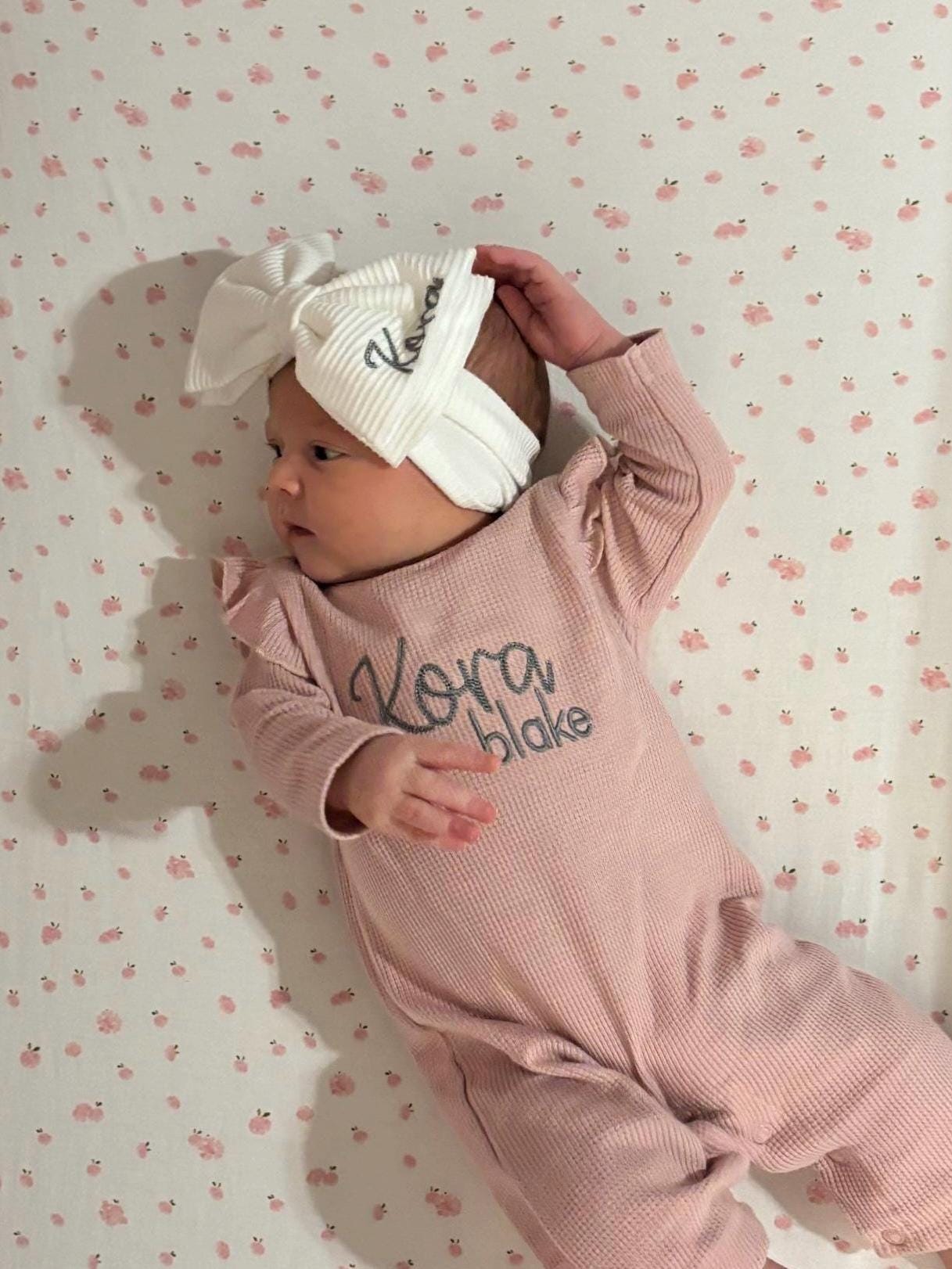 Personalized Bow Headband and Jumper / Romper Set For Baby Girl | Soft, Stretchy Quality Bow Headband Customizable for Gifts and Newborn
