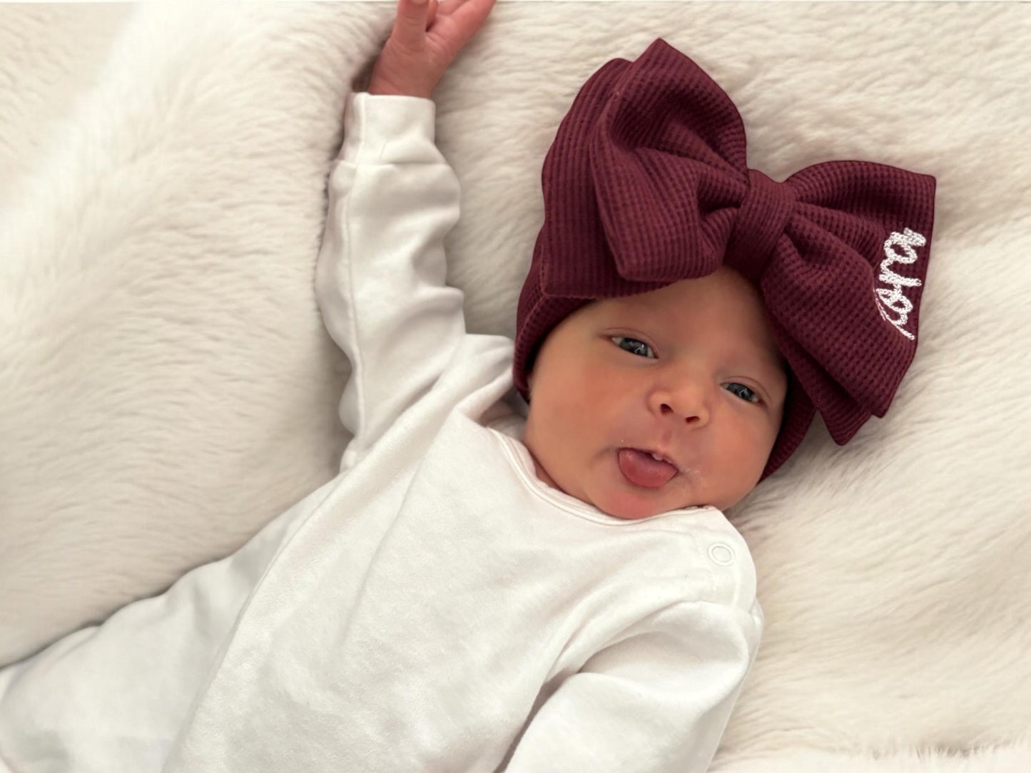 Personalized Bow Headband for Newborn, infant or toddler customized with Baby girl name. Custom comfy Stretchy monogrammed bow in Burgandy