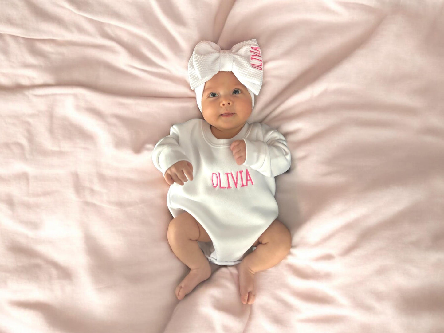Personalized sweatshirt bubble romper, matching bow headband, baby outfit, embroidered baby romper, toddler bubble, baby bubble sweatshirt
