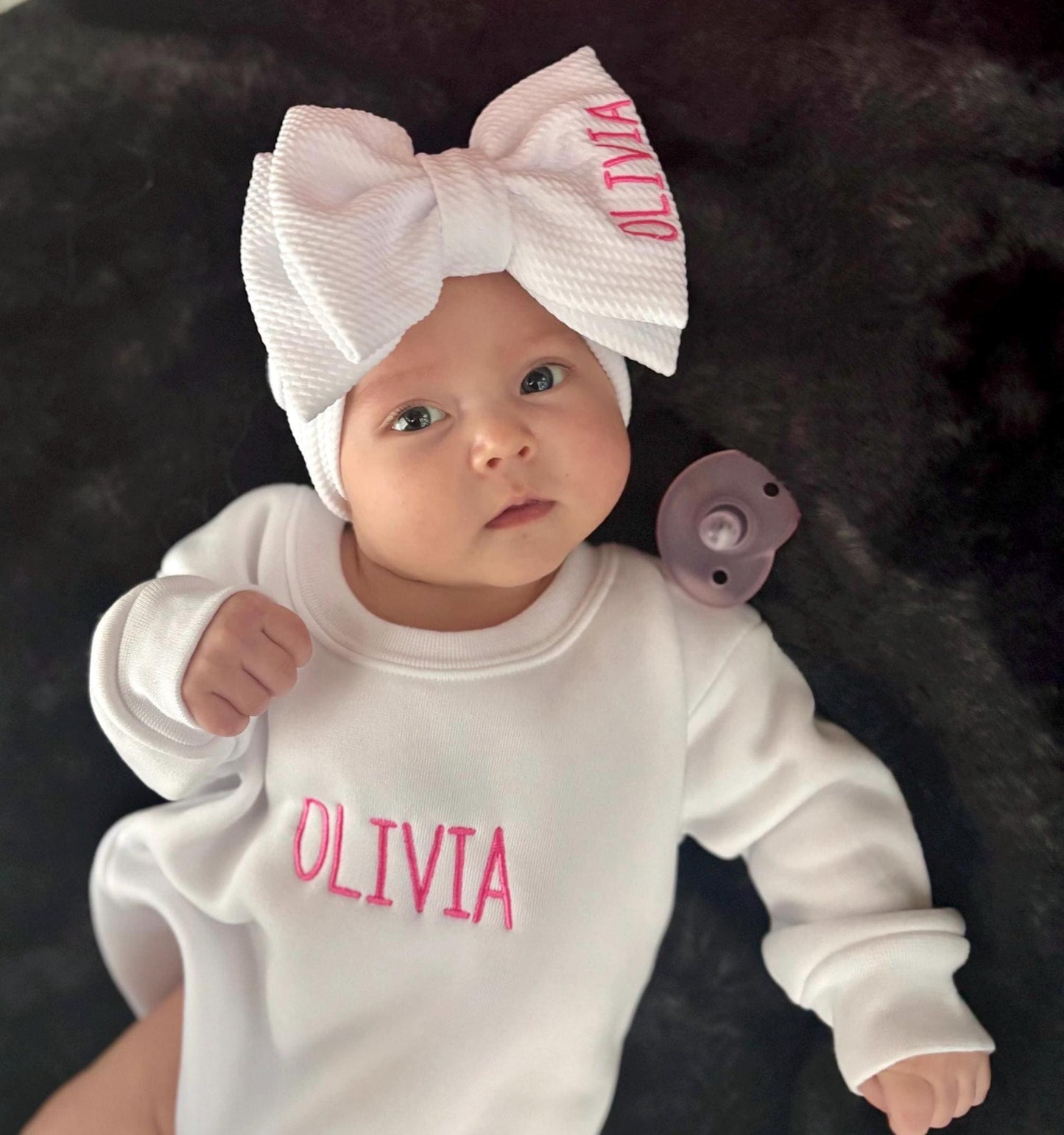 Personalized sweatshirt bubble romper, matching bow headband, baby outfit, embroidered baby romper, toddler bubble, baby bubble sweatshirt