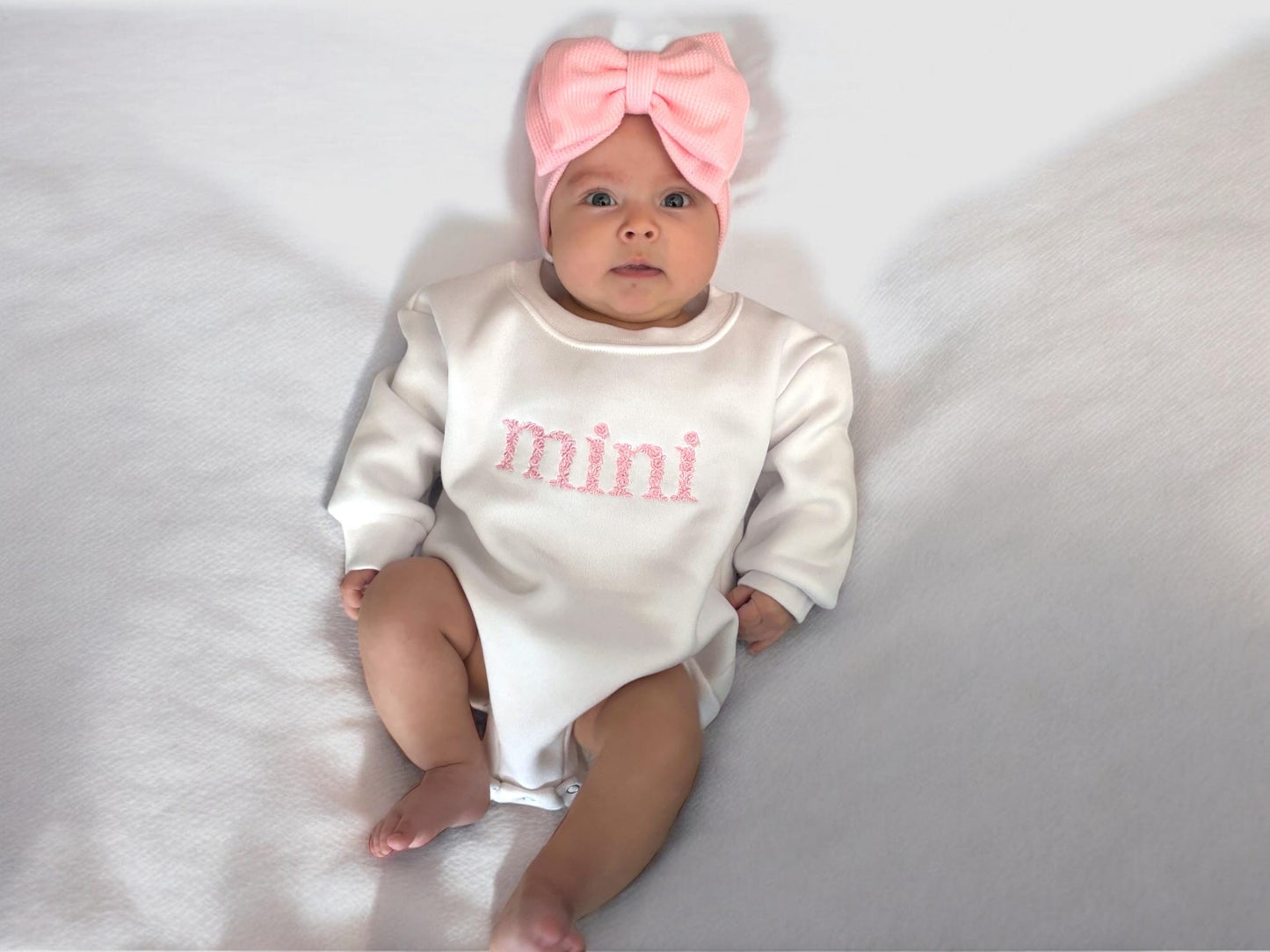 Personalized sweatshirt bubble romper, matching bow headband, baby outfit, embroidered baby romper, toddler bubble, baby bubble sweatshirt