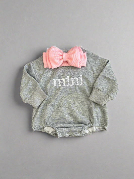 Personalized sweatshirt bubble romper, matching bow headband, baby outfit, embroidered baby romper, toddler bubble, baby bubble sweatshirt