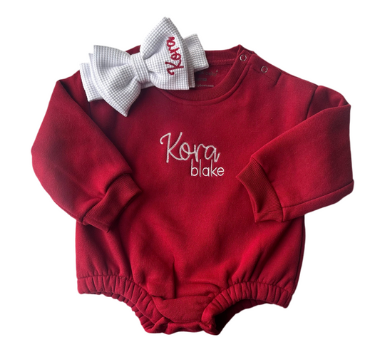Red Christmas Sweatshirt Bubble Romper & Organic Cotton Bow Set
