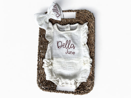 Gauze Bubble Romper Sun Suit & Bow Set