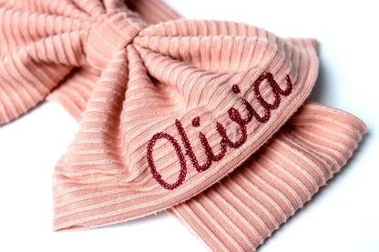 Personalized Bow Headband Pink Gift Set with Baby girl name. Custom baby gift with stretchy headband monogrammed bows for baby gift