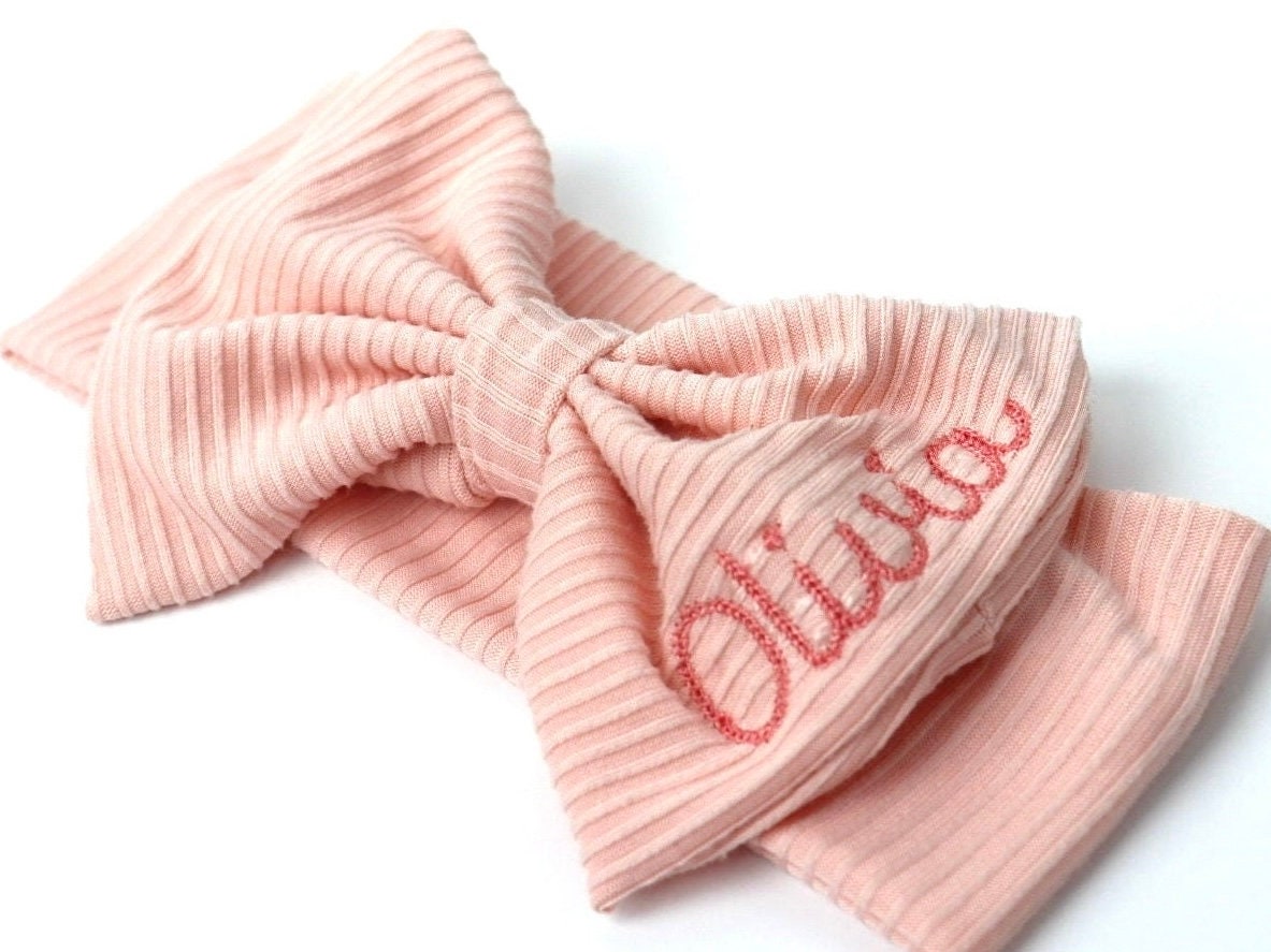 Personalized Bow Headband Pink Gift Set with Baby girl name. Custom baby gift with stretchy headband monogrammed bows for baby gift