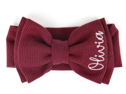 Personalized Bow Headband for Newborn, infant or toddler with Baby girl name for gifts and fall. Custom Stretchy monogrammed bow in Burgandy
