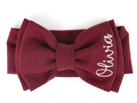 Personalized Bow Headband for Newborn, infant or toddler with Baby girl name for gifts and fall. Custom Stretchy monogrammed bow in Burgandy