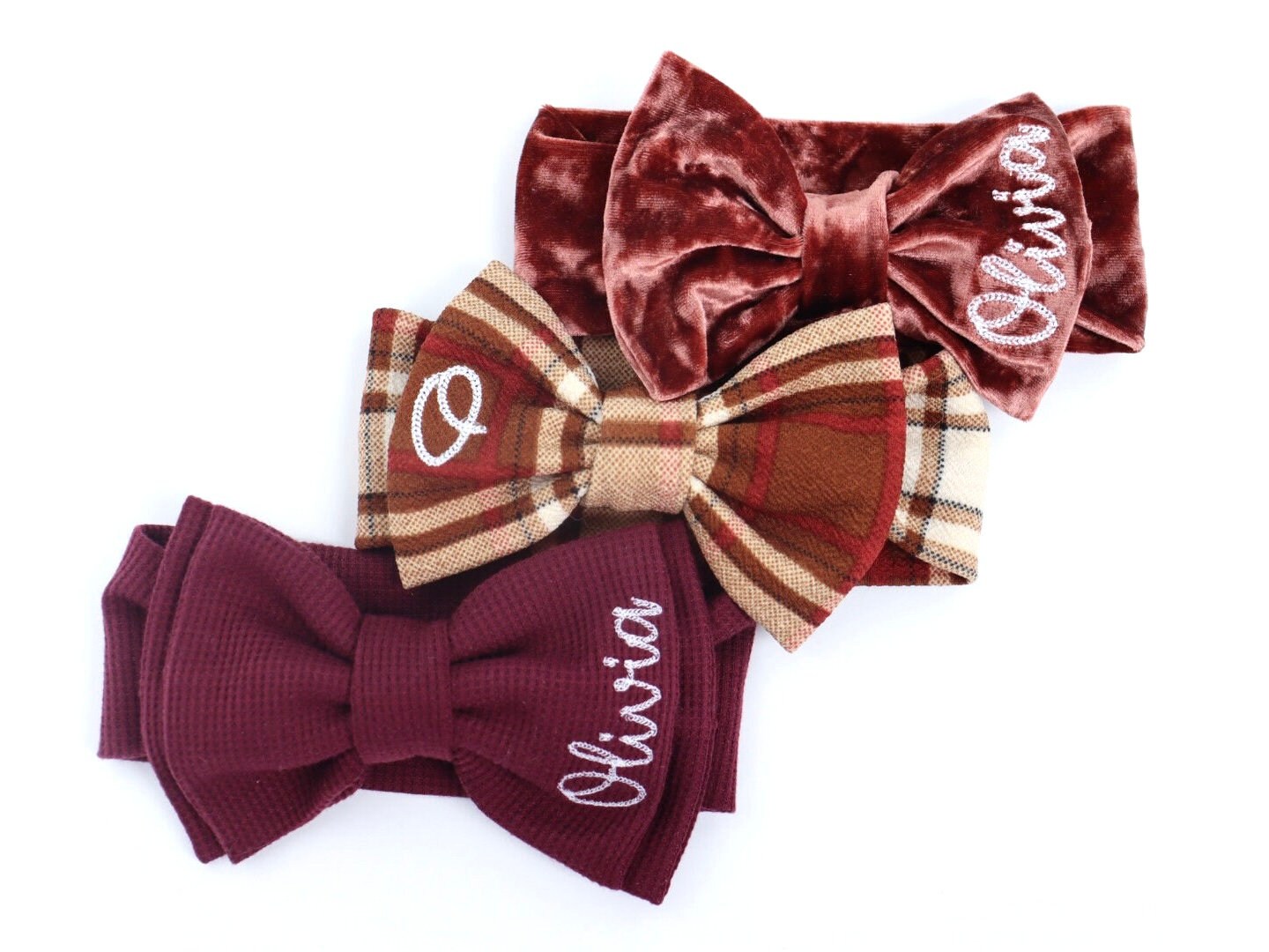 Fall Bow Headband Gift Set personalized with Baby girl name. Custom baby gift with stretchy headband monogrammed bows for baby