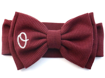 Personalized Bow Headband for Newborn, infant or toddler customized with Baby girl name. Custom comfy Stretchy monogrammed bow in Burgandy