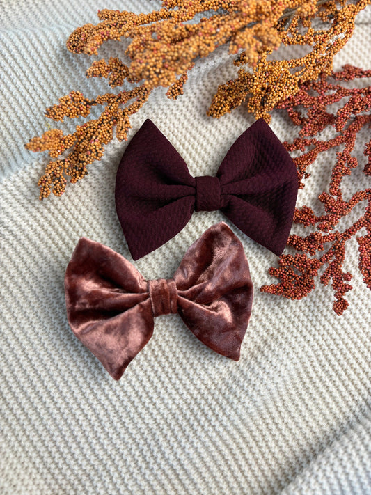 Fall bow, fall clip bow, fall bow gift set, terracotta velvet, velvet bow, fall outfit accessory, fall outfit, personalized fall bow, thanksgiving outfit, thanksgiving bow, holiday bow, holiday outfit, hair accessory