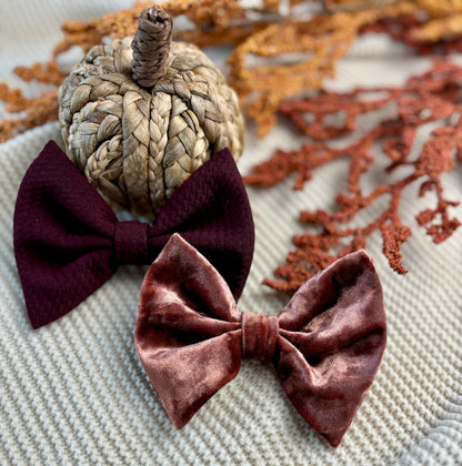 Fall bow, fall clip bow, fall bow gift set, terracotta velvet, velvet bow, fall outfit accessory, fall outfit, personalized fall bow, thanksgiving outfit, thanksgiving bow, holiday bow, holiday outfit, hair accessory