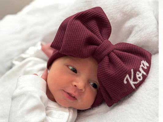 Personalized Bow Headband for Newborn, infant or toddler customized with Baby girl name. Custom comfy Stretchy monogrammed bow in Burgandy