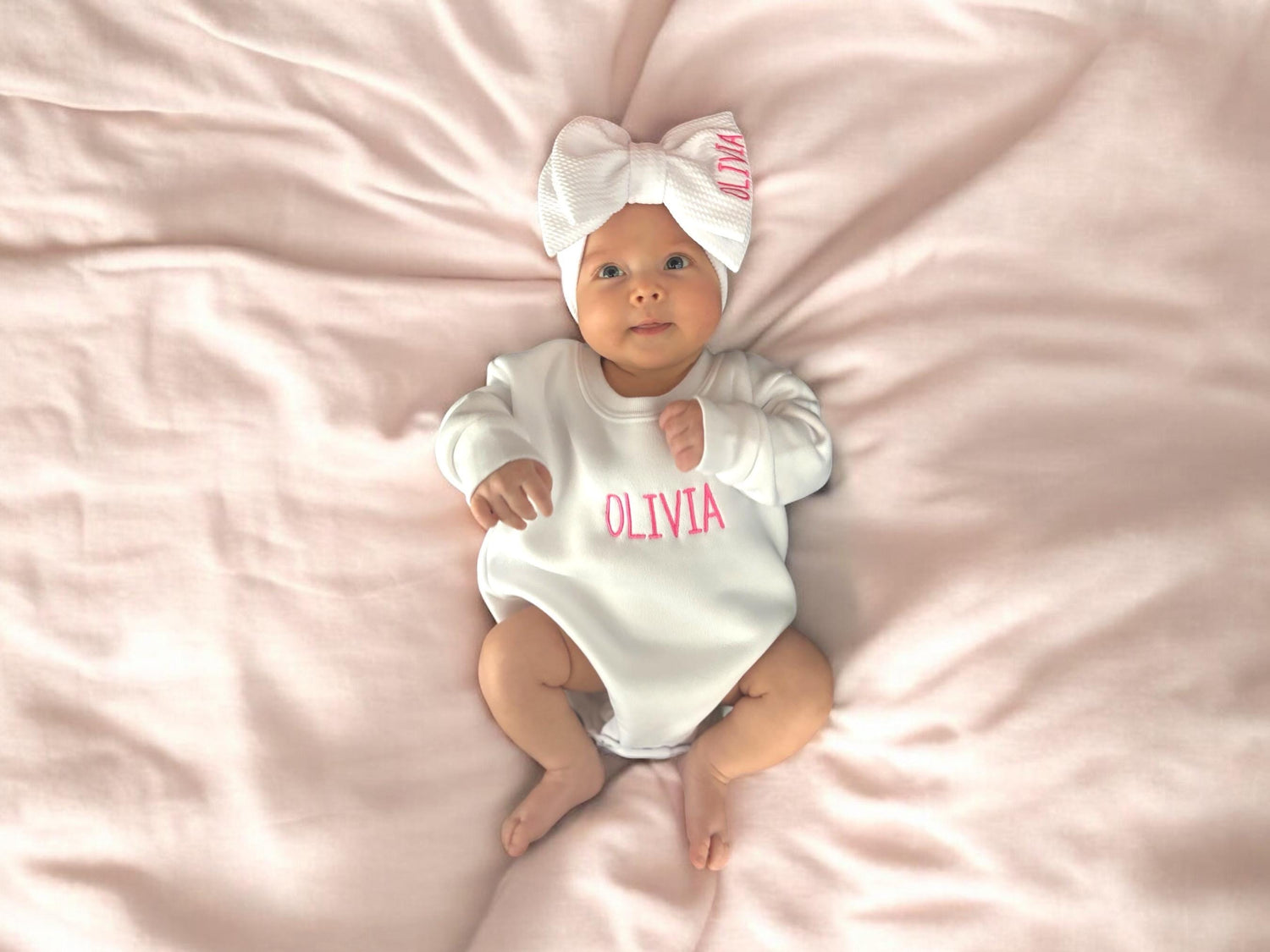 Personalized sweatshirt bubble romper, matching bow headband, baby outfit, embroidered baby romper, toddler bubble, baby bubble sweatshirt