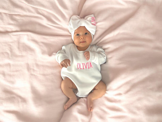 Personalized sweatshirt bubble romper, matching bow headband, baby outfit, embroidered baby romper, toddler bubble, baby bubble sweatshirt