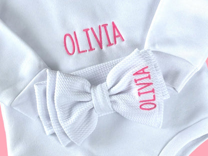 Personalized sweatshirt bubble romper, matching bow headband, baby outfit, embroidered baby romper, toddler bubble, baby bubble sweatshirt