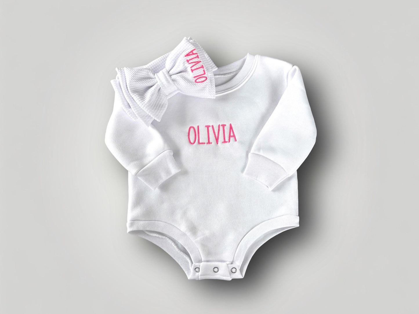 Personalized sweatshirt bubble romper, matching bow headband, baby outfit, embroidered baby romper, toddler bubble, baby bubble sweatshirt