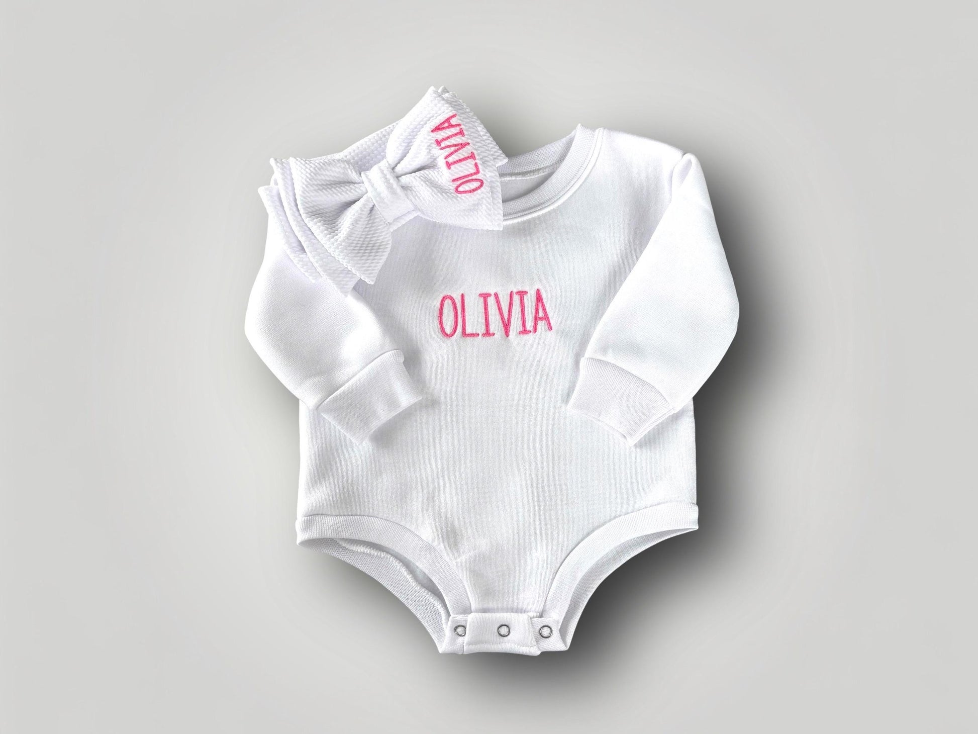 Personalized sweatshirt bubble romper, matching bow headband, baby outfit, embroidered baby romper, toddler bubble, baby bubble sweatshirt
