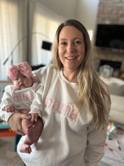 mama mini matching sweatshirt set, mama sweatshirt, floral mama sweatshirt , spring mom, Mother’s Day gift, gift for mom, girl mom, mommy and me outfit, baby girl gift, girl baby shower gift, baby girl bow, floral embroidery, spring mom