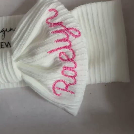 Personalized Bow Headband Pink Gift Set with Baby girl name. Custom baby gift with stretchy headband monogrammed bows for baby gift