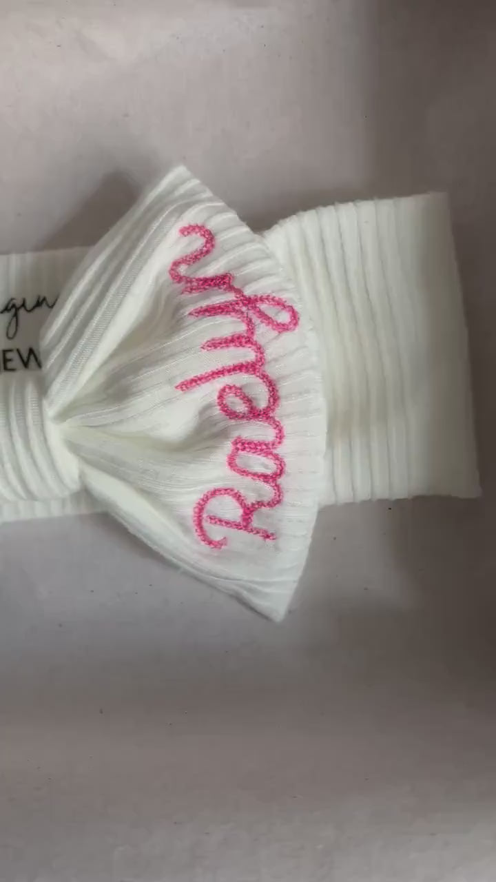 Personalized Bow Headband Pink Gift Set with Baby girl name. Custom baby gift with stretchy headband monogrammed bows for baby gift