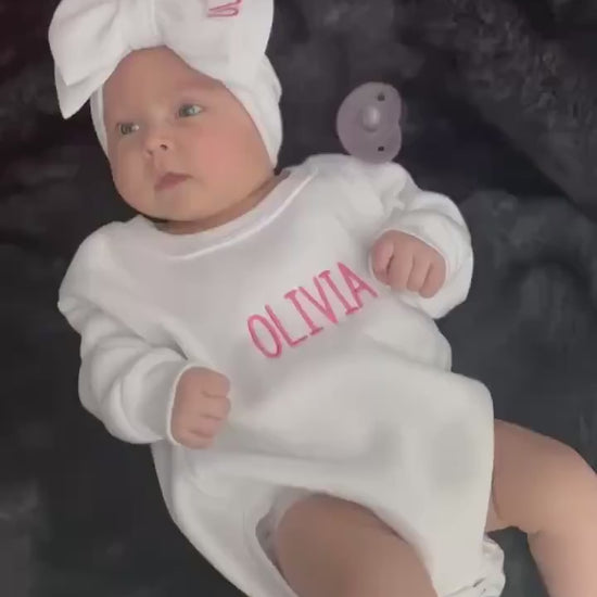 Personalized sweatshirt bubble romper, matching bow headband, baby outfit, embroidered baby romper, toddler bubble, baby bubble sweatshirt
