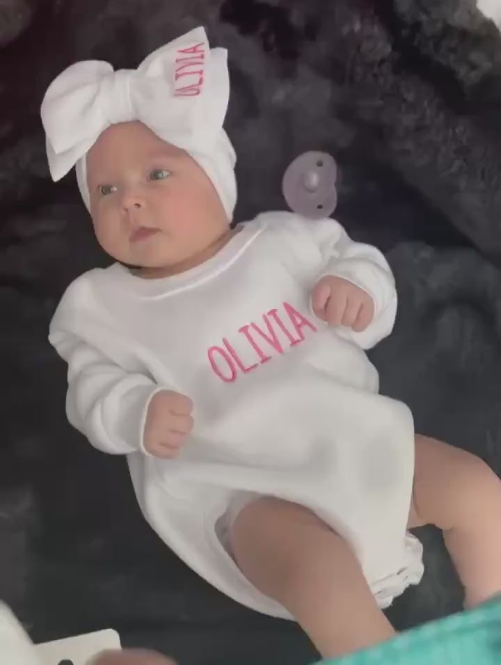 Personalized sweatshirt bubble romper, matching bow headband, baby outfit, embroidered baby romper, toddler bubble, baby bubble sweatshirt